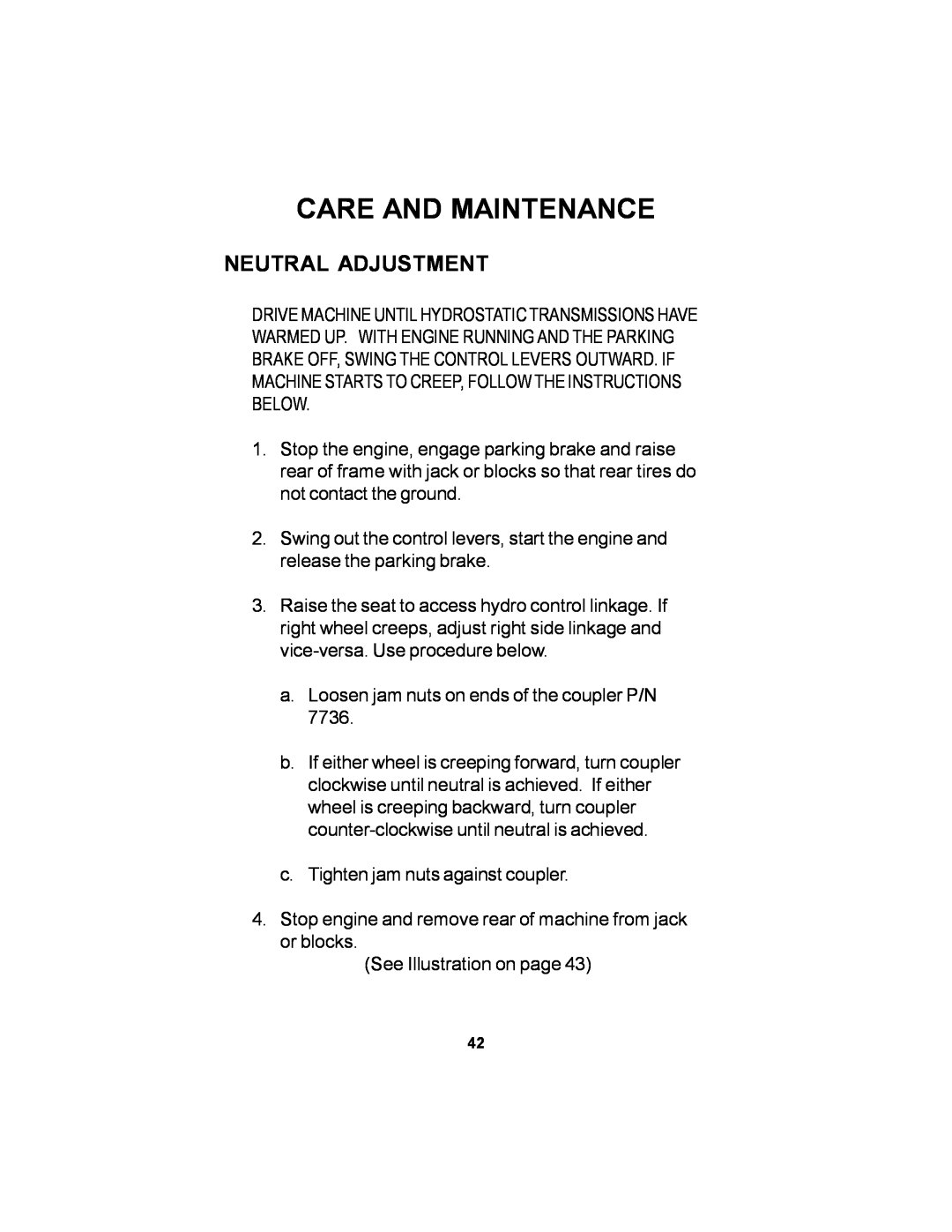 Dixon 36 manual Neutral Adjustment, Care And Maintenance 