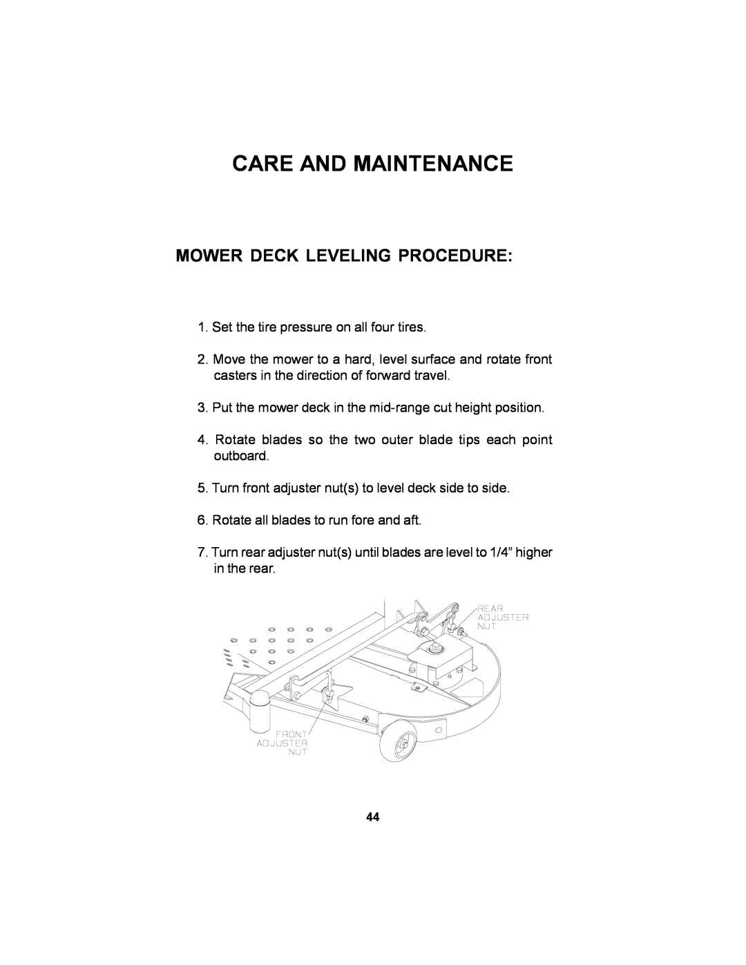 Dixon 36 manual Mower Deck Leveling Procedure, Care And Maintenance 