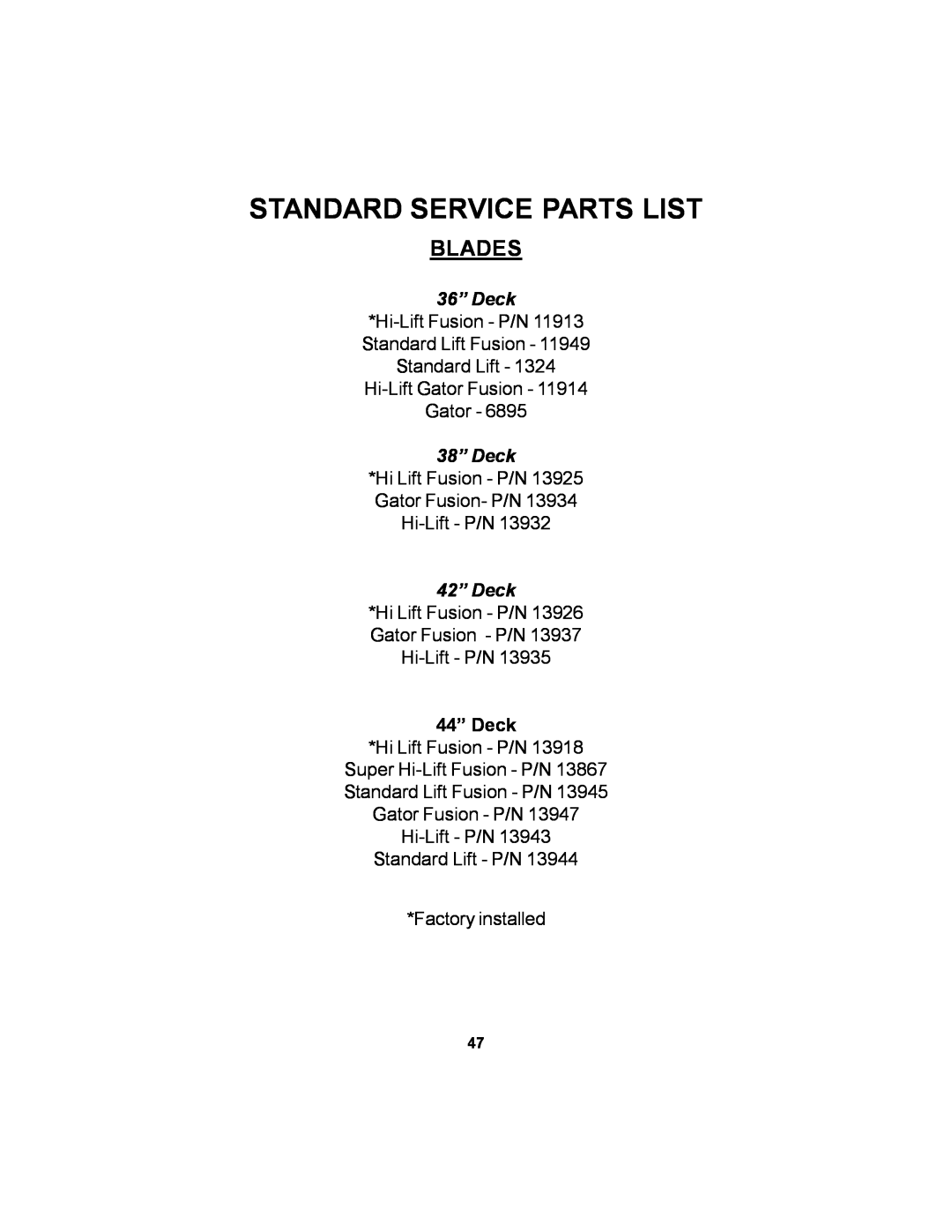 Dixon 36 manual Standard Service Parts List, Blades, 44” Deck 