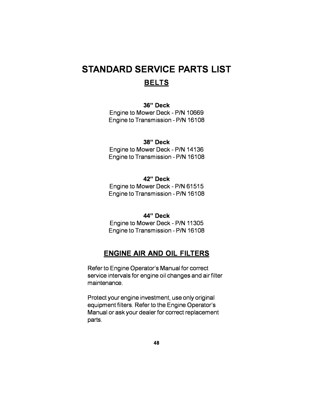 Dixon manual Engine Air And Oil Filters, Standard Service Parts List, Belts, 36” Deck, 38” Deck, 42” Deck, 44” Deck 