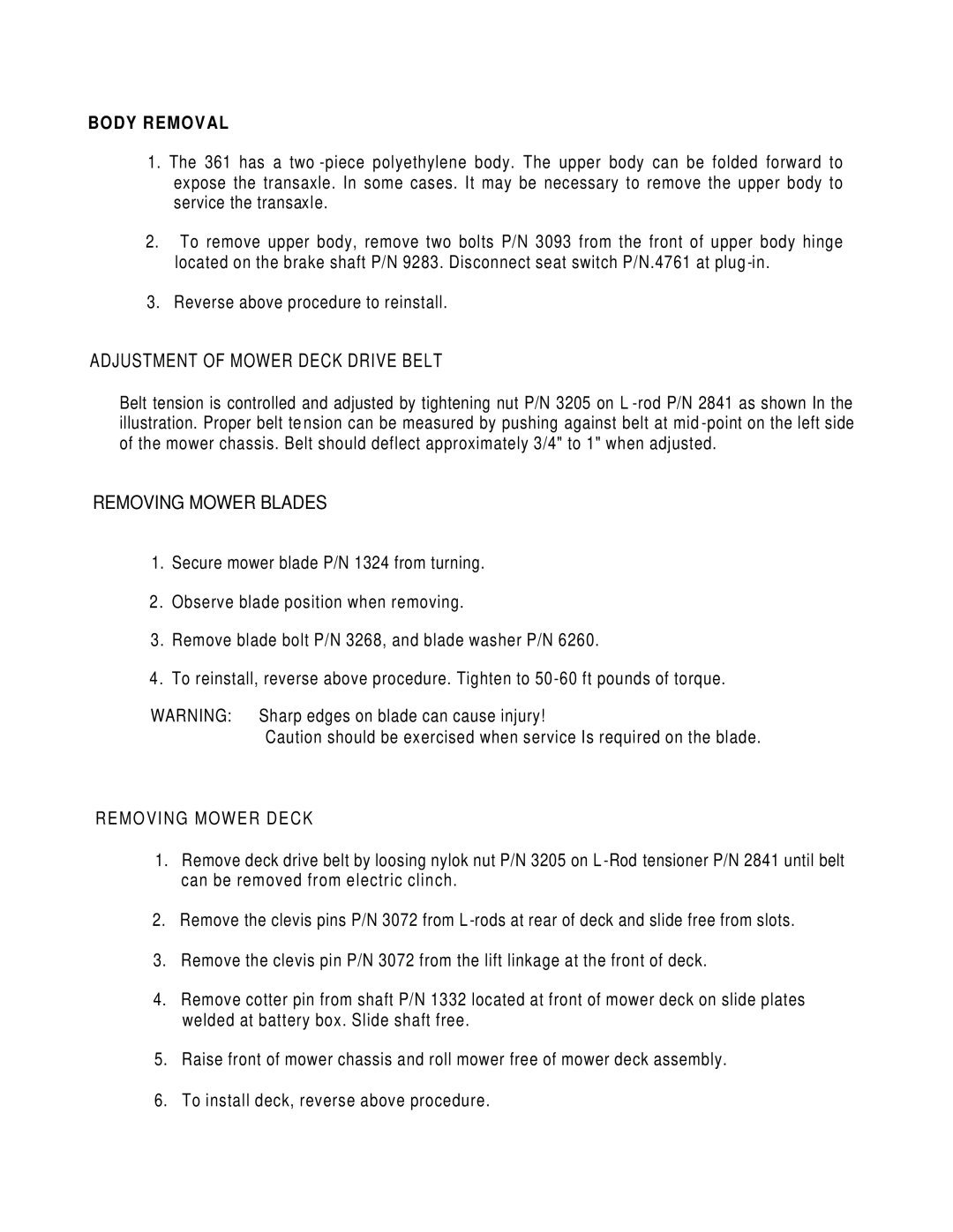 Dixon 361 brochure Adjustment of Mower Deck Drive Belt 