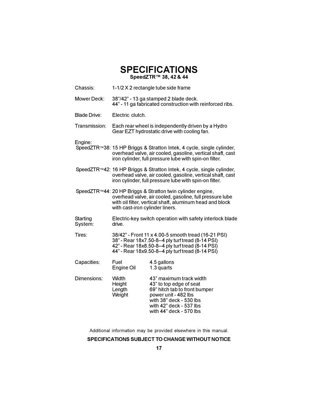 Dixon 44 manual Specifications, SpeedZTR 38, 42 