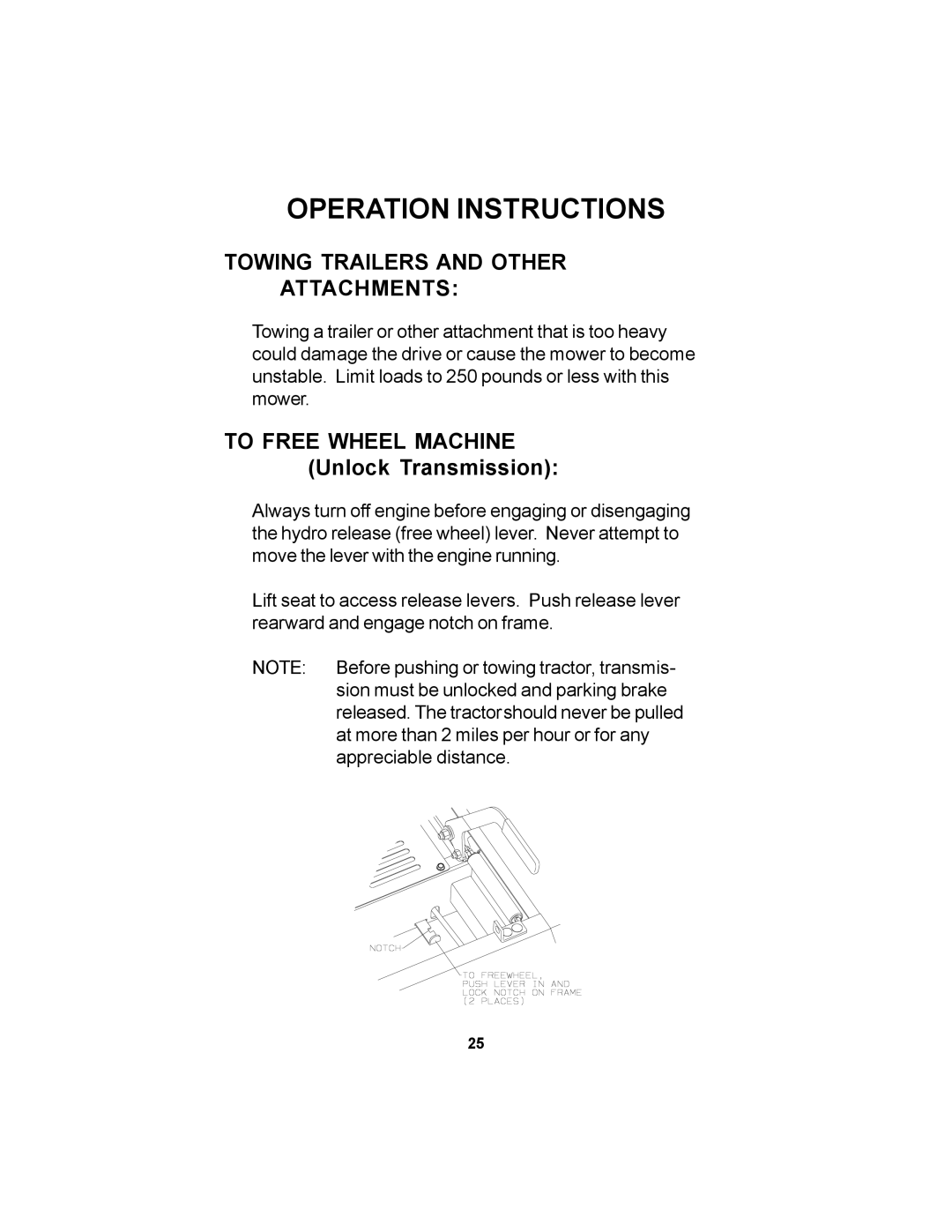 Dixon 42, 38, 44 manual Towing Trailers and Other Attachments, To Free Wheel Machine Unlock Transmission 