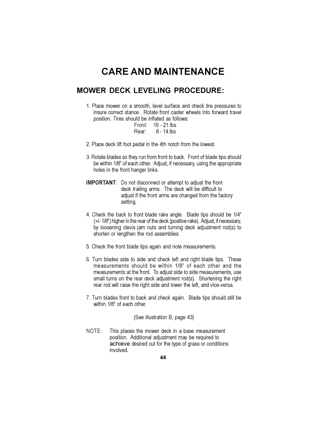 Dixon 44, 38, 42 manual Mower Deck Leveling Procedure 