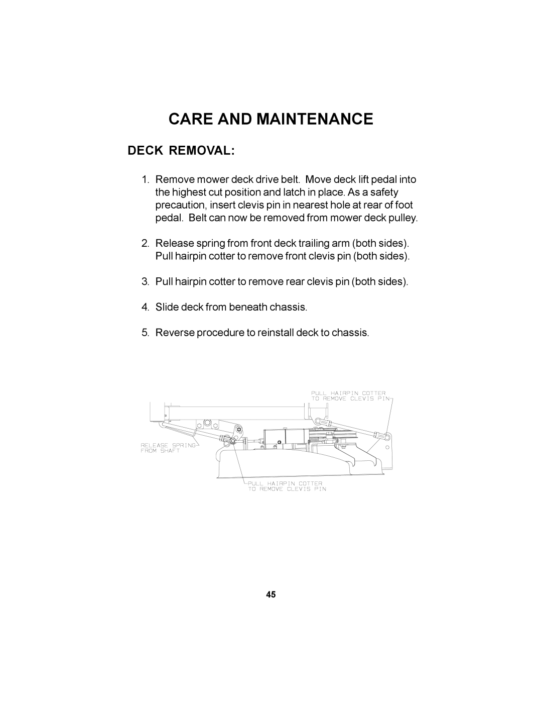 Dixon 38, 42, 44 manual Deck Removal 