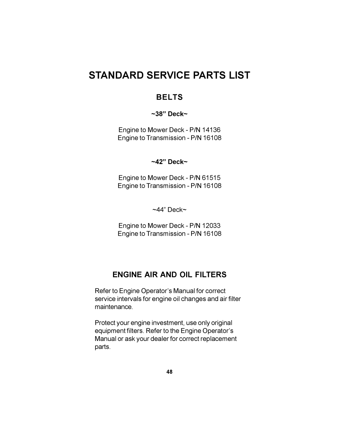 Dixon 38, 42, 44 manual Belts, Engine AIR and OIL Filters 