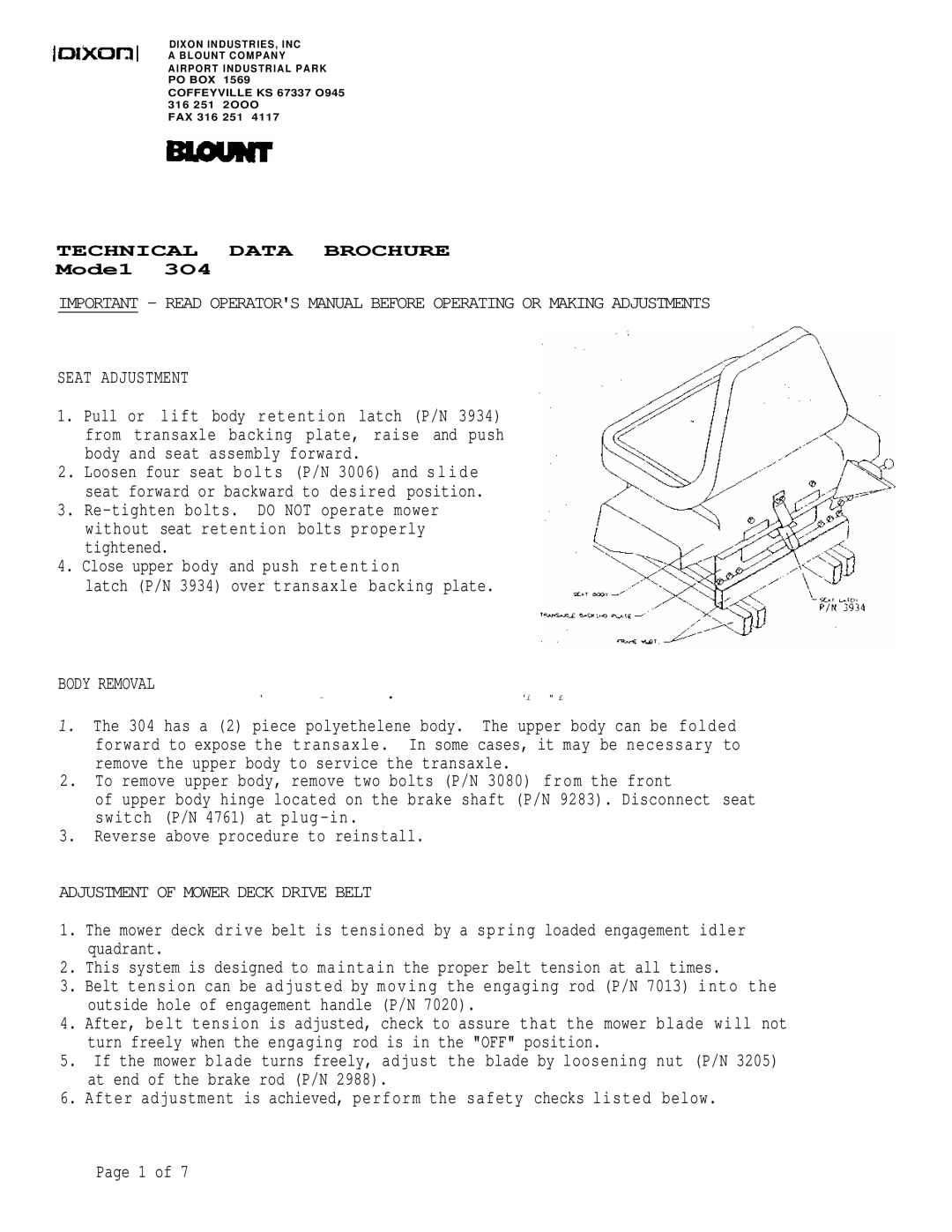 Dixon 3O4 brochure Seat Adjustment 