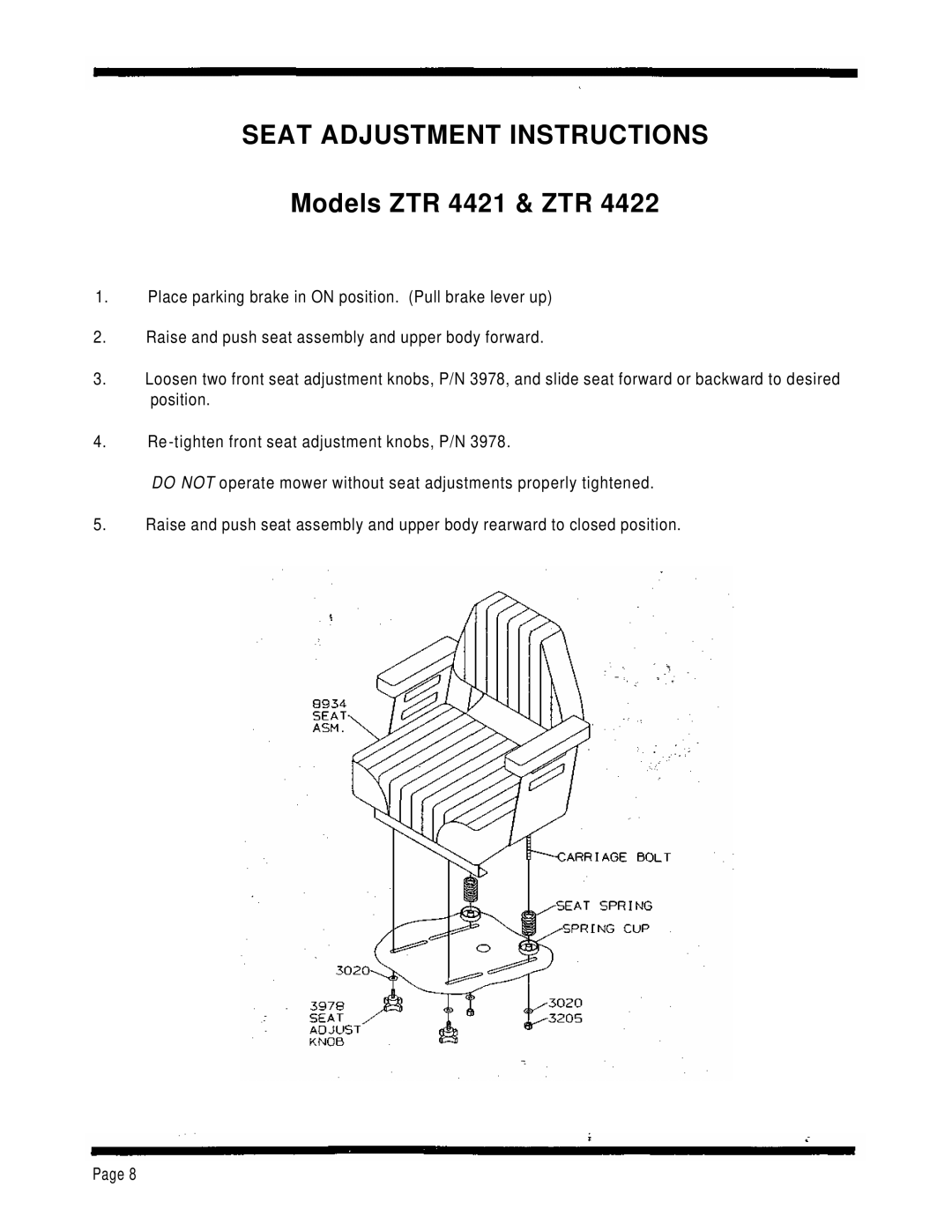 Dixon 4000 Series manual Seat Adjustment Instructions, Models ZTR 4421 & ZTR 