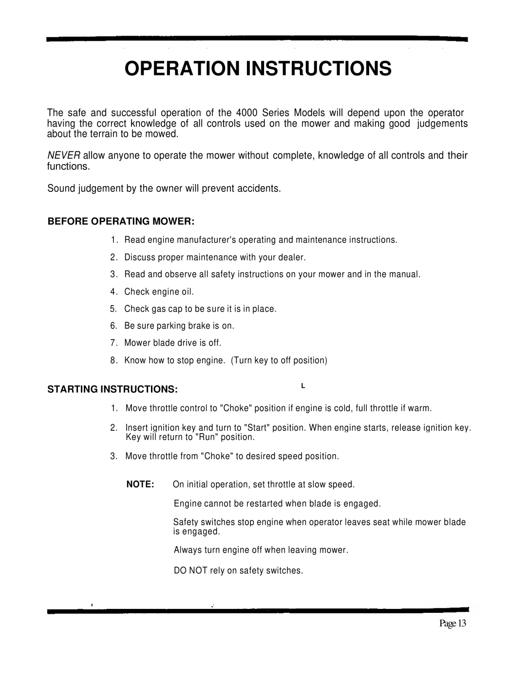 Dixon 4000 Series manual Before Operating Mower, Starting Instructions 