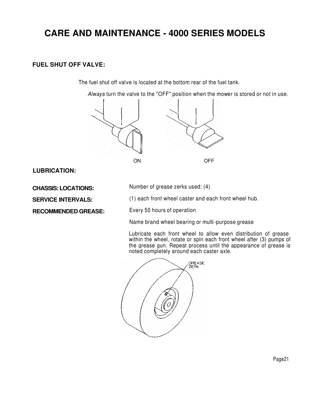 Dixon 4000 Series manual Fuel Shut OFF Valve, Lubrication, Chassis Locations, Service Intervals, Recommended Grease 