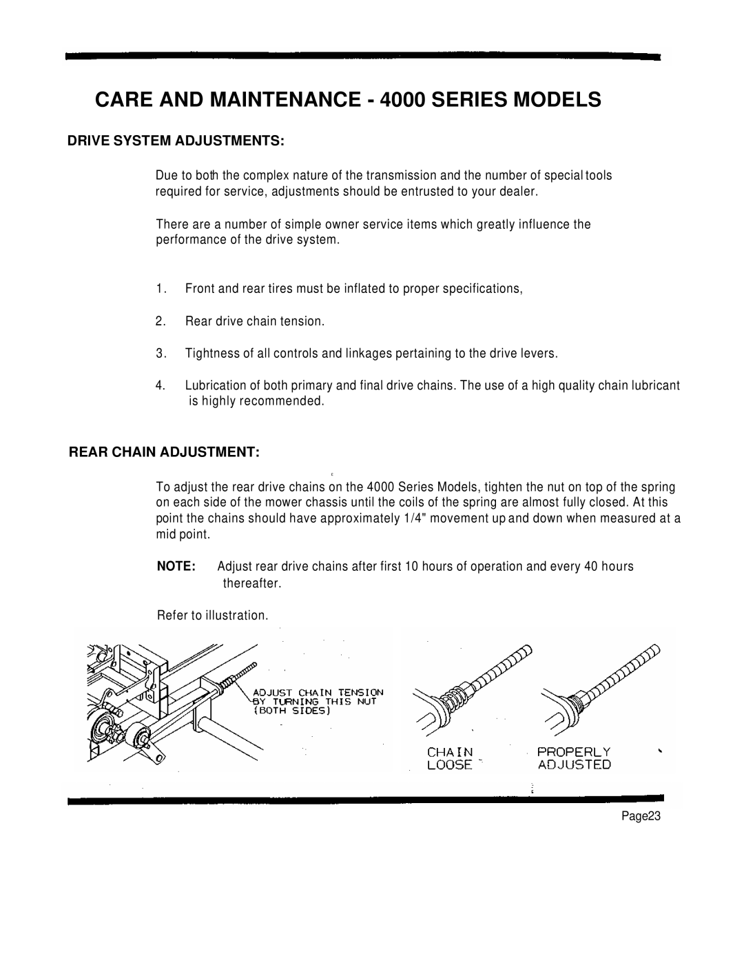 Dixon 4000 Series manual Drive System Adjustments, Rear Chain Adjustment 