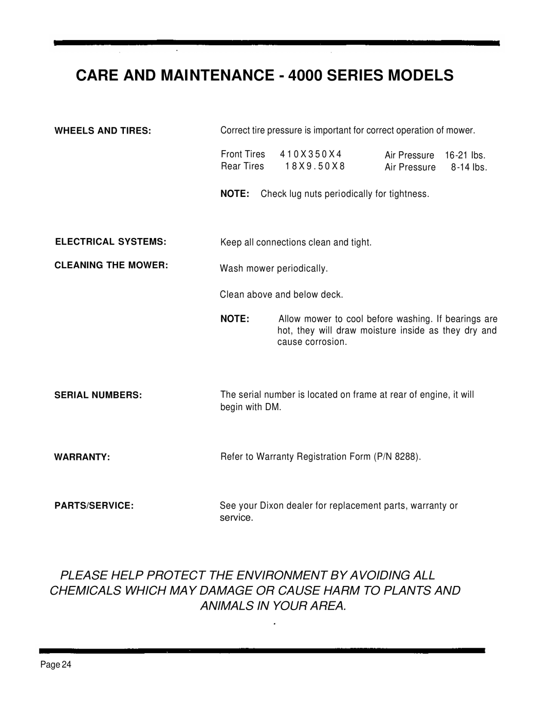 Dixon 4000 Series manual Rear Tires X 9 0 X Air Pressure 