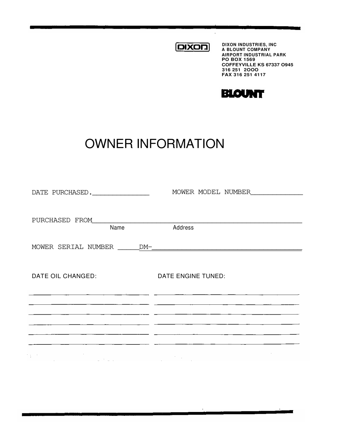 Dixon 4000 Series manual Owner Information 