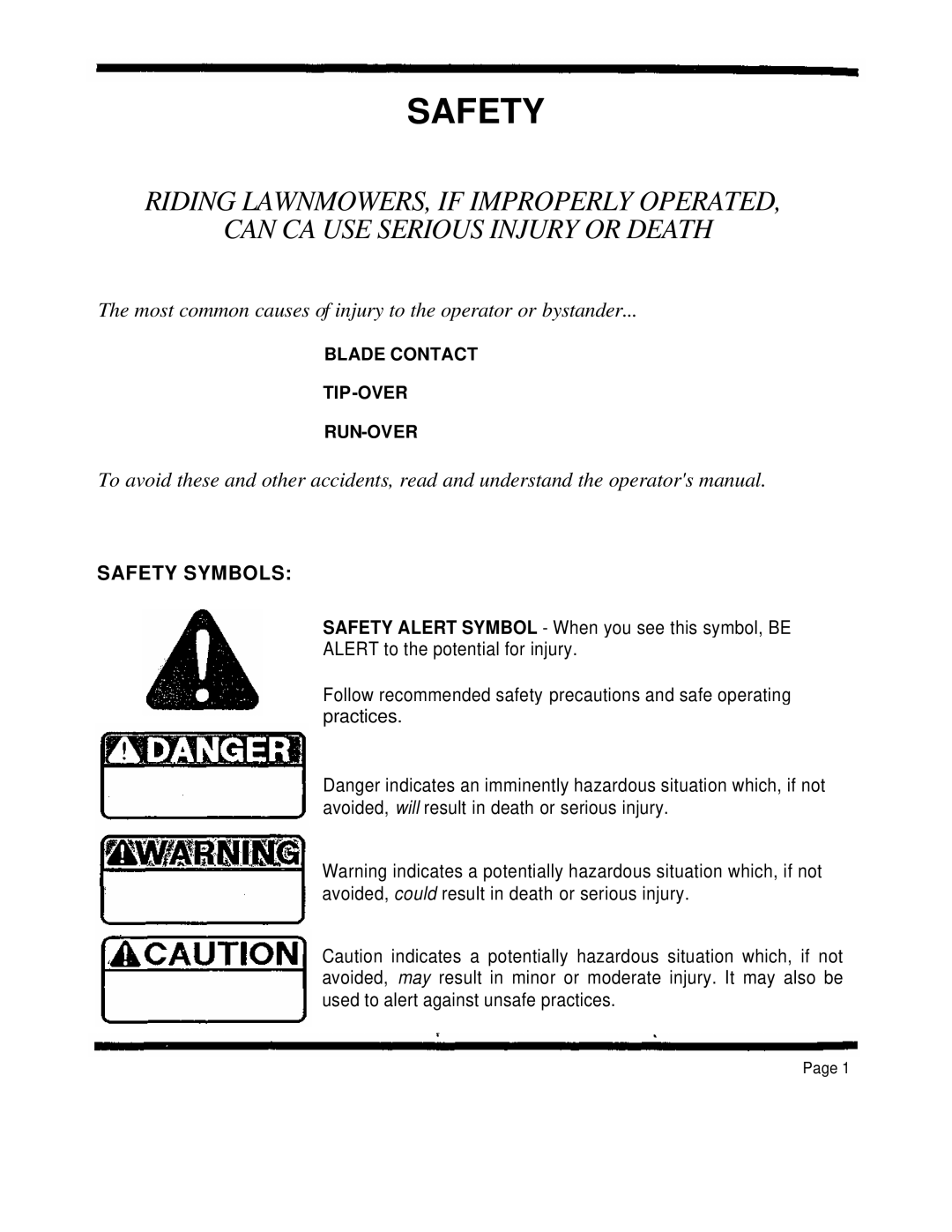 Dixon 4000 Series manual Safety, Blade Contact TIP-OVER RUN-OVER 