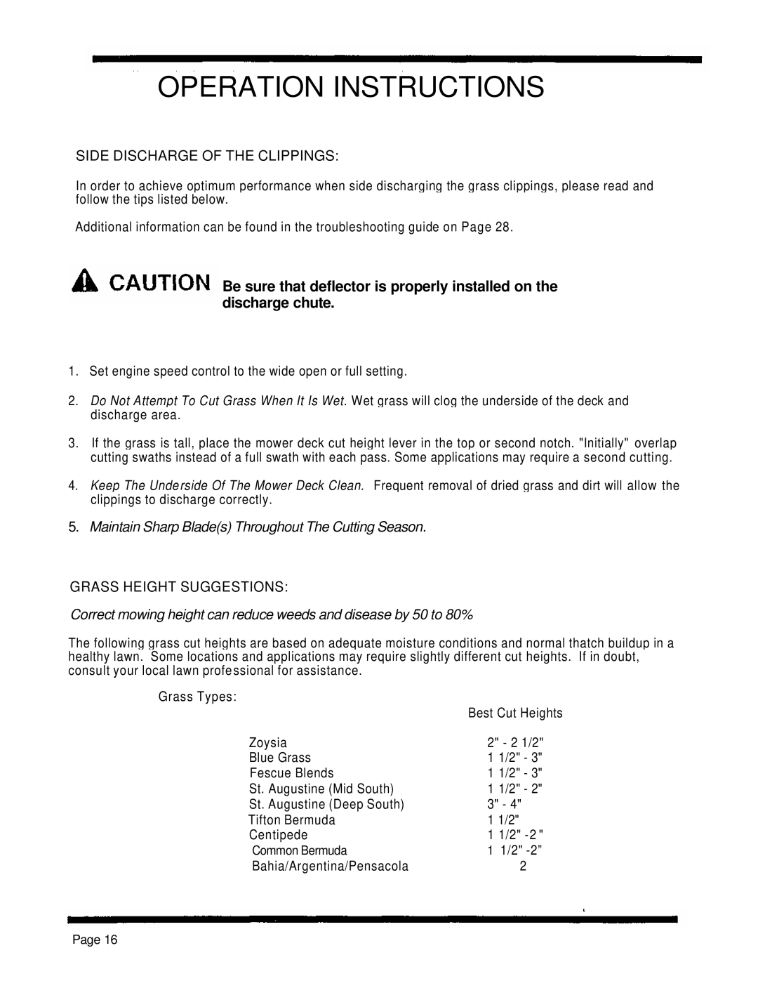 Dixon 4000 Series manual Operation Instructions, Side Discharge Of The Clippings, Grass Height Suggestions 