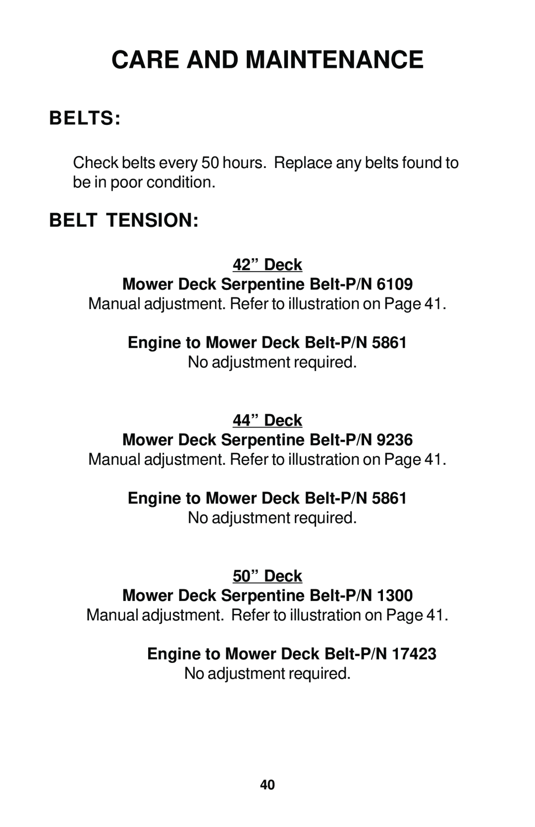 Dixon 42, 44, 50, 44 MAG, 50 MAG manual Belts, Belt Tension, Care And Maintenance 