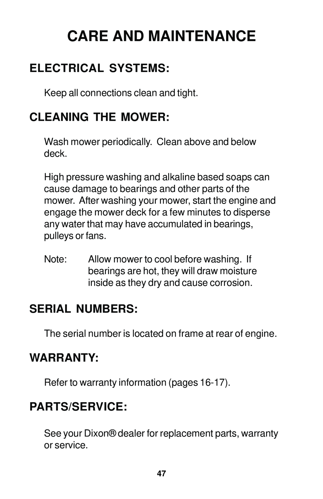 Dixon 42, 44, 50, 44 MAG, 50 MAG manual Electrical Systems, Cleaning The Mower, Serial Numbers, Warranty, Parts/Service 