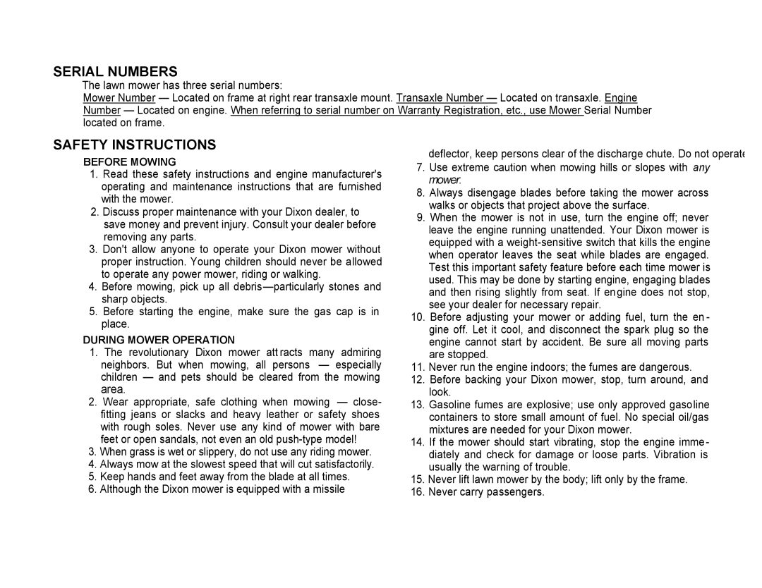 Dixon 424, 422 manual Serial Numbers, Safety Instructions 