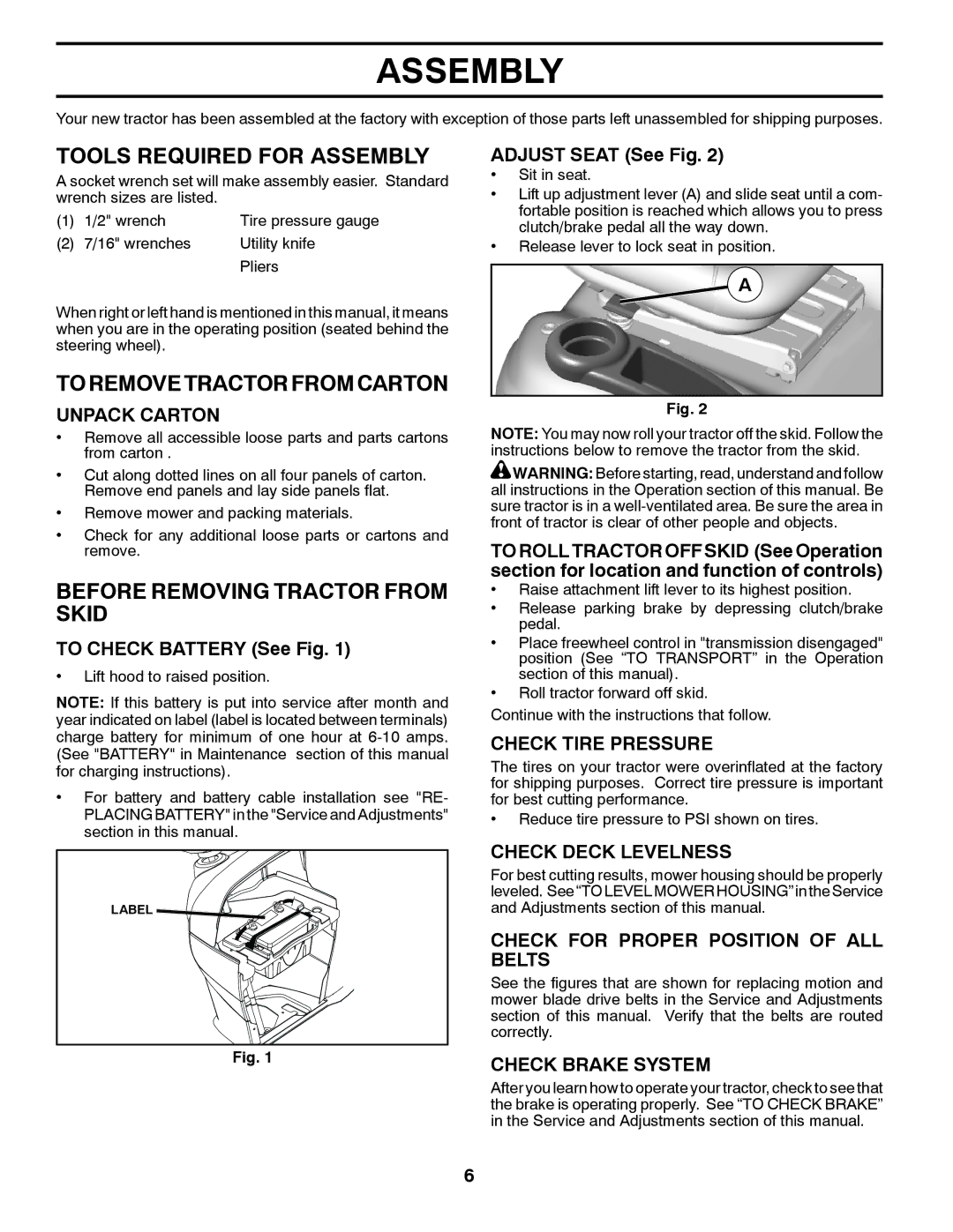 Dixon 433616, D22H46 manual Tools Required for Assembly, Toremovetractorfromcarton, Before Removing Tractor from Skid 