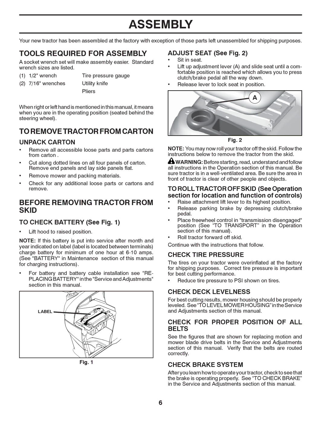 Dixon 434722, D26BH54 manual Tools Required for Assembly, Toremovetractorfromcarton, Before Removing Tractor from Skid 