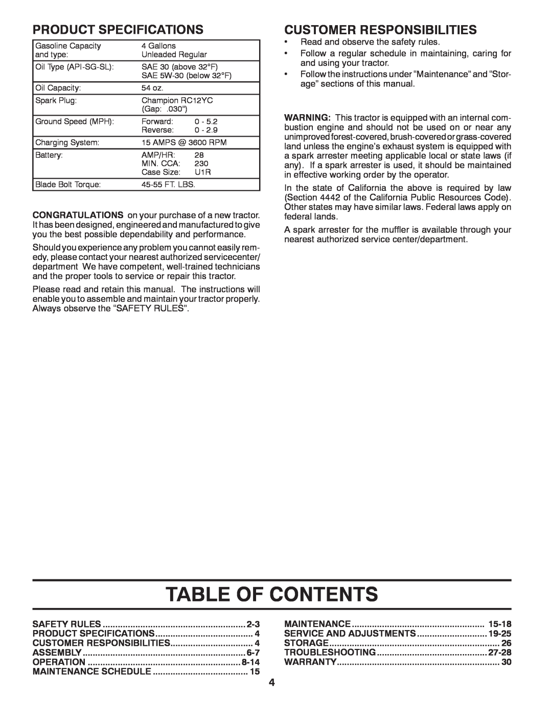 Dixon 434722, D26BH54 manual Table Of Contents, Product Specifications, Customer Responsibilities 