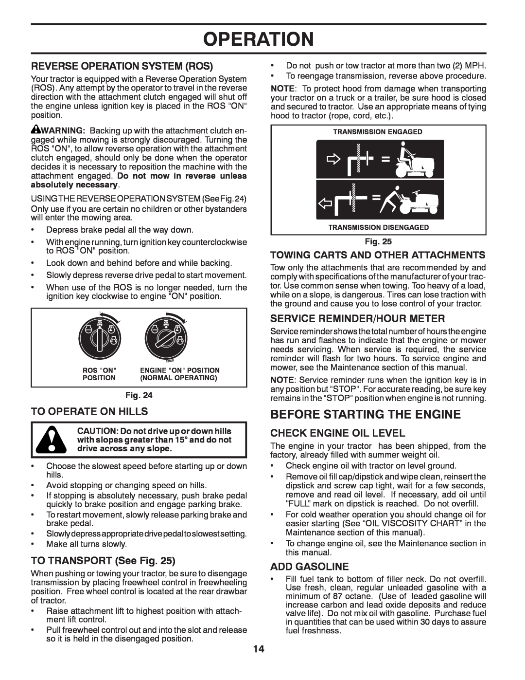 Dixon 435068, D25K48YT Before Starting The Engine, Reverse Operation System Ros, To Operate On Hills, TO TRANSPORT See Fig 