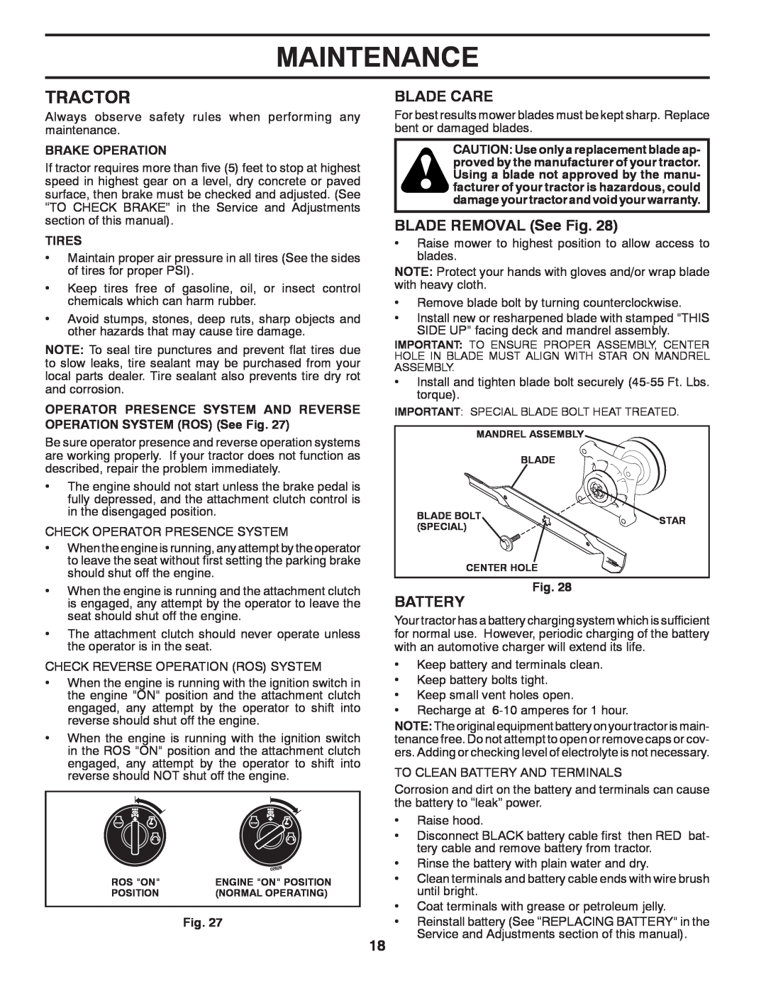 Dixon 435068, D25K48YT manual Tractor, Blade Care, BLADE REMOVAL See Fig, Battery, Maintenance, Brake Operation, Tires 