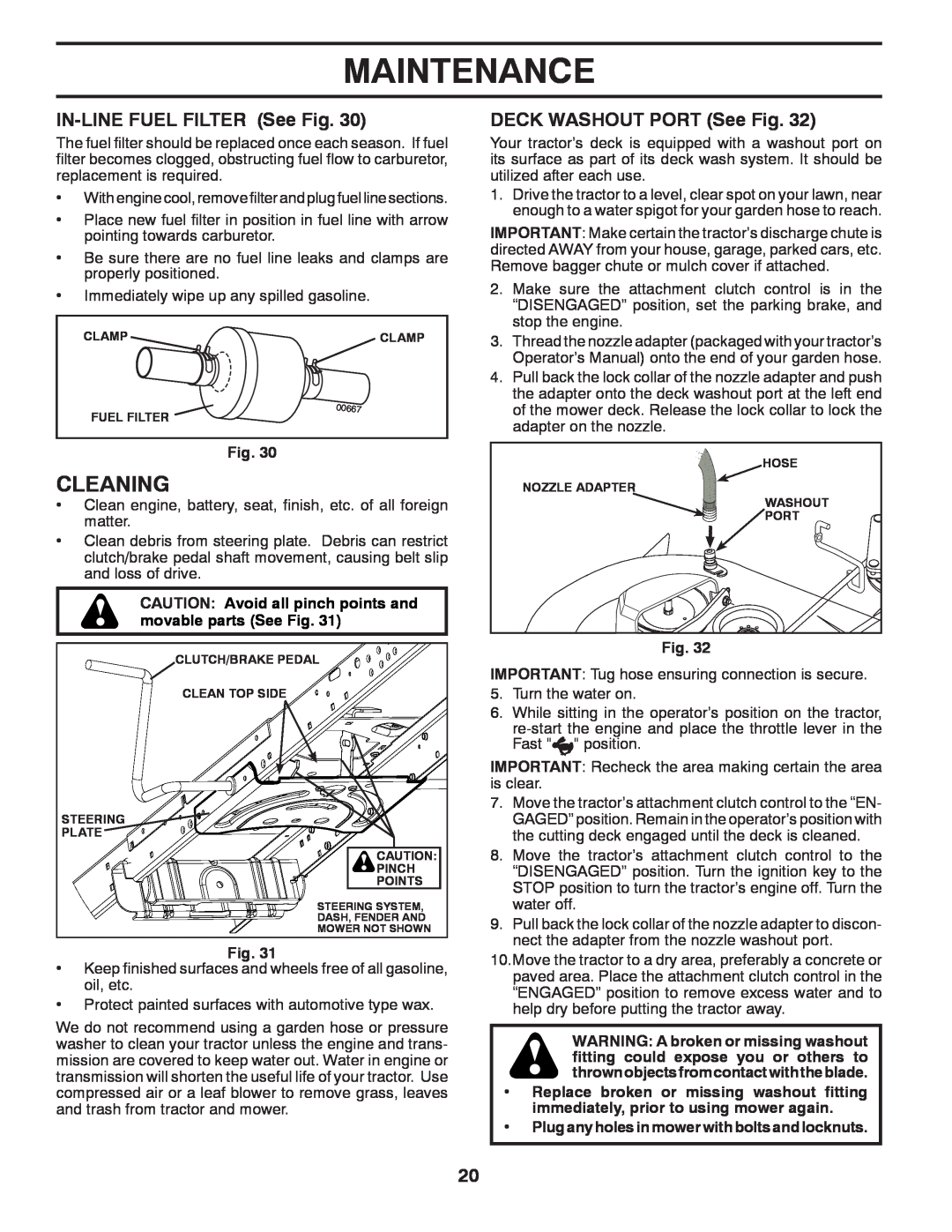 Dixon 435068, D25K48YT manual Cleaning, IN-LINEFUEL FILTER See Fig, DECK WASHOUT PORT See Fig, Maintenance 