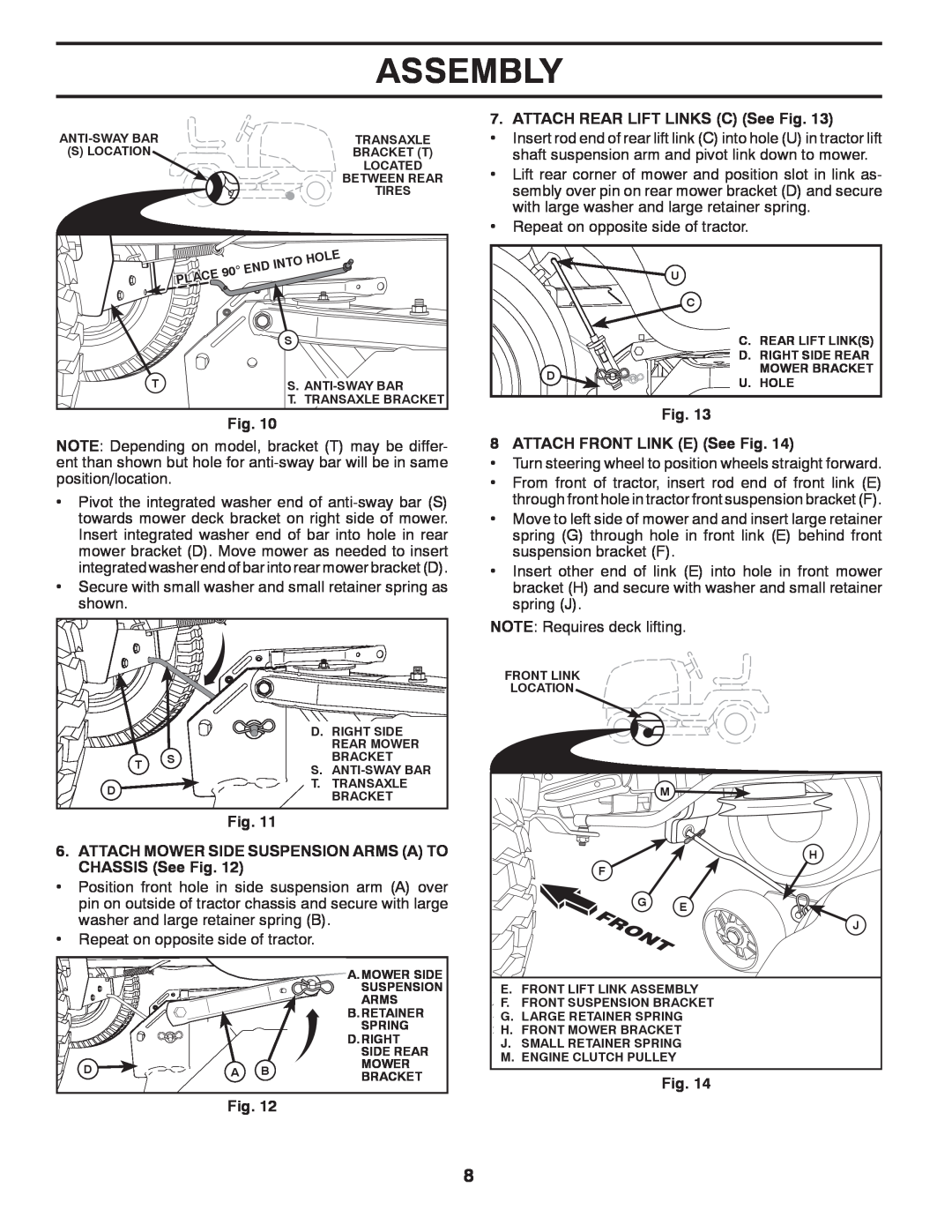 Dixon 435068, D25K48YT manual Assembly, ATTACH REAR LIFT LINKS C See Fig, ATTACH FRONT LINK E See Fig 