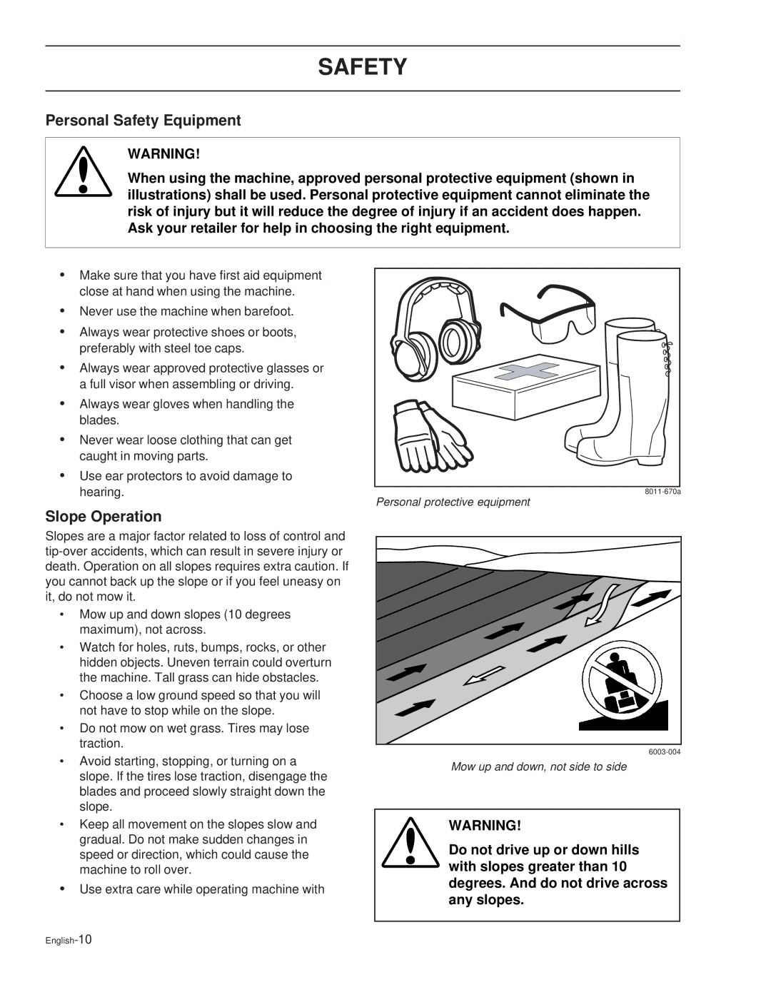 Dixon 36 / 968999539, 44 / 968999538, 44 / 968999611, 44 / 968999547 manual Personal Safety Equipment, Slope Operation 