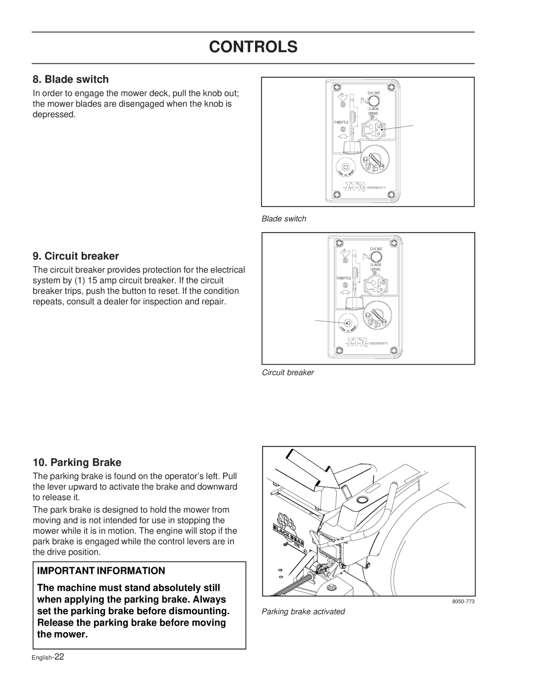 Dixon 44 / 968999611, 44 / 968999538, 44 / 968999547, 36 / 968999539 manual Blade switch, Circuit breaker, Parking Brake 