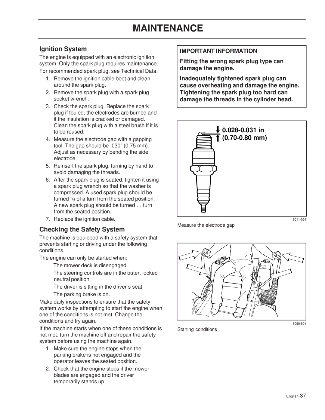 Dixon 44 / 968999547, 44 / 968999538, 44 / 968999611, 36 / 968999539 manual Ignition System, Checking the Safety System 