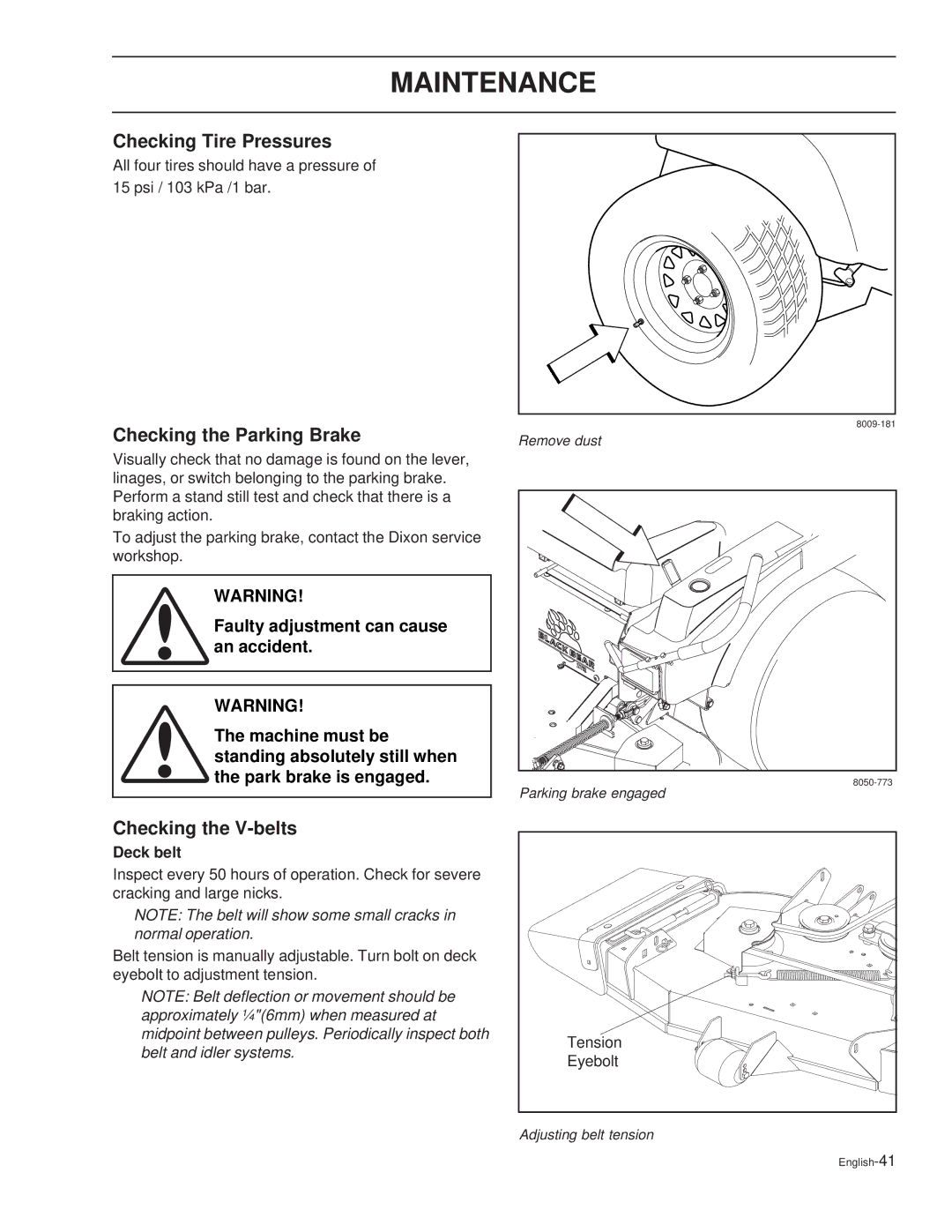 Dixon 36 / 968999609, 44 / 968999538 Checking Tire Pressures, Checking the Parking Brake, Checking the V-belts, Deck belt 