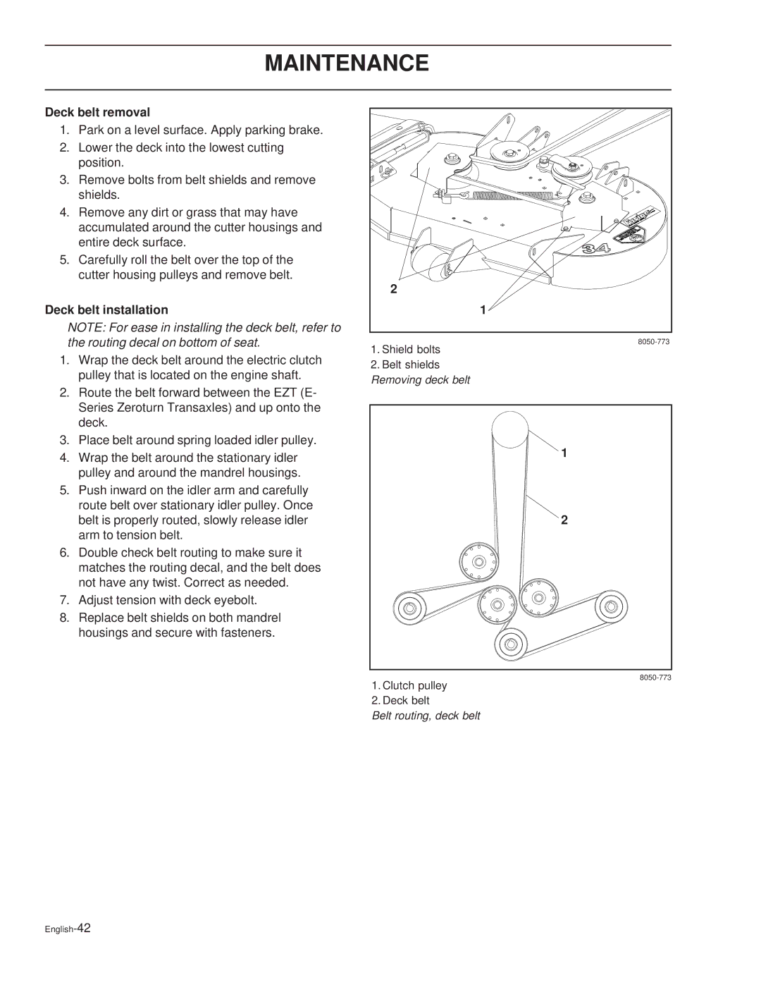 Dixon 44 / 968999538, 44 / 968999611, 44 / 968999547, 36 / 968999539 manual Deck belt removal, Deck belt installation 