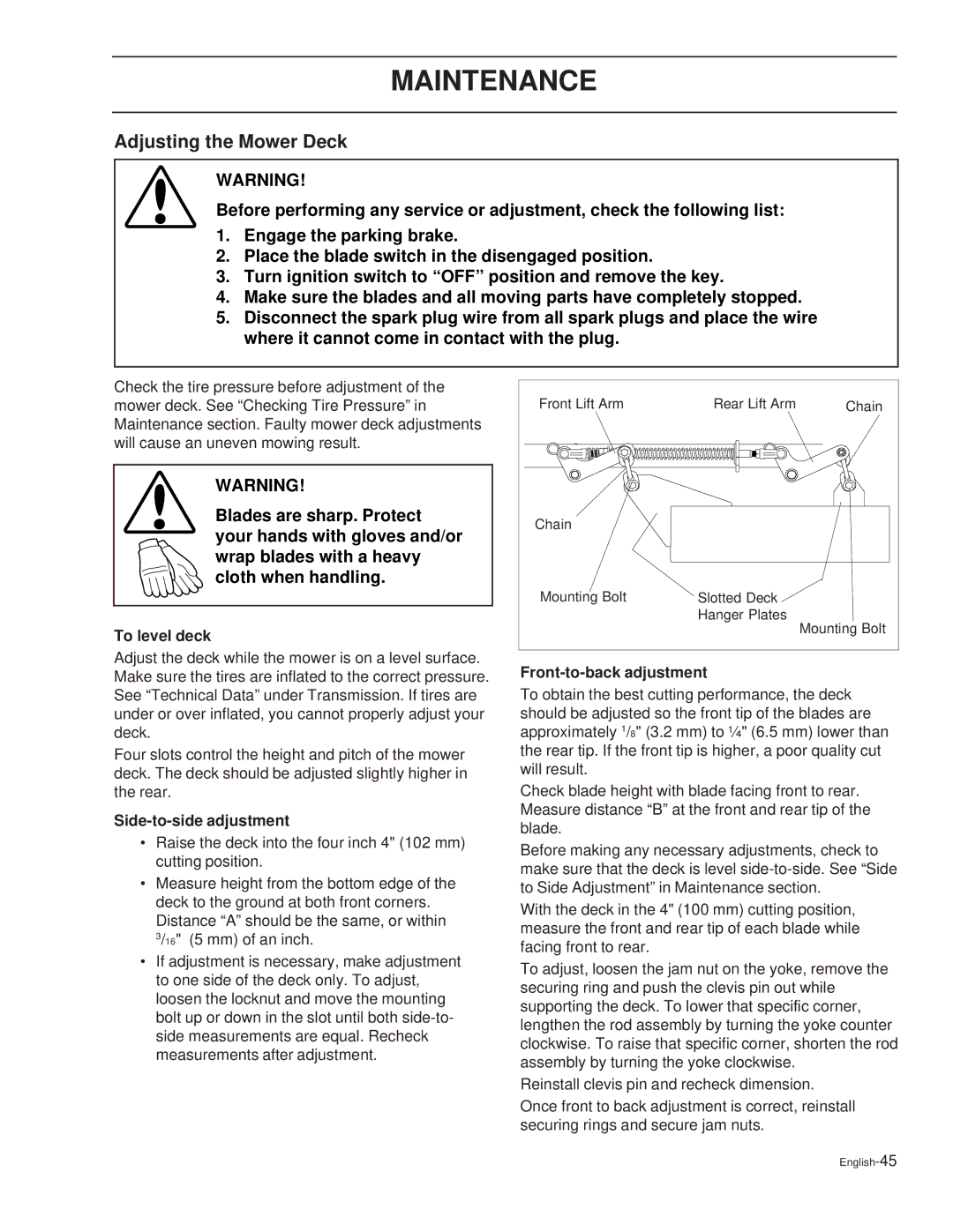 Dixon 36 / 968999539 manual Adjusting the Mower Deck, To level deck, Side-to-side adjustment, Front-to-back adjustment 