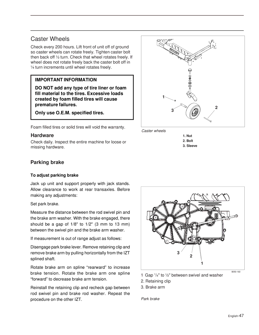 Dixon 42 / 968999713, 44 / 968999538, 44 / 968999611, 44 / 968999547, 36 / 968999539 manual Hardware, To adjust parking brake 