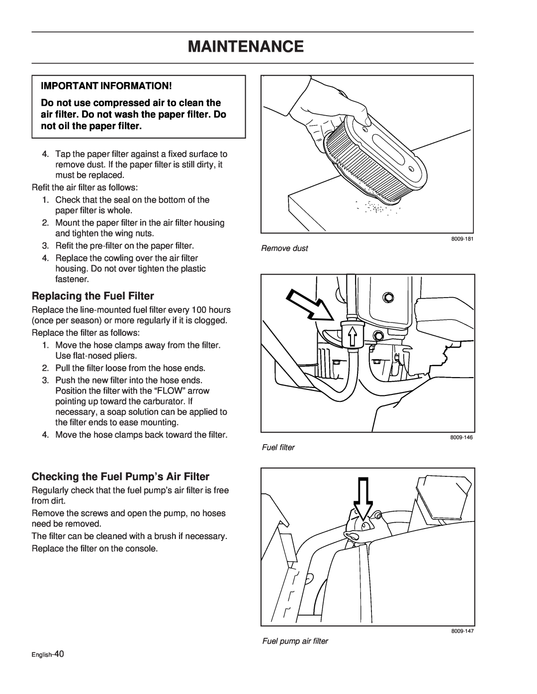Dixon 42 / 968999713 Replacing the Fuel Filter, Checking the Fuel Pump’s Air Filter, Maintenance, Important Information 