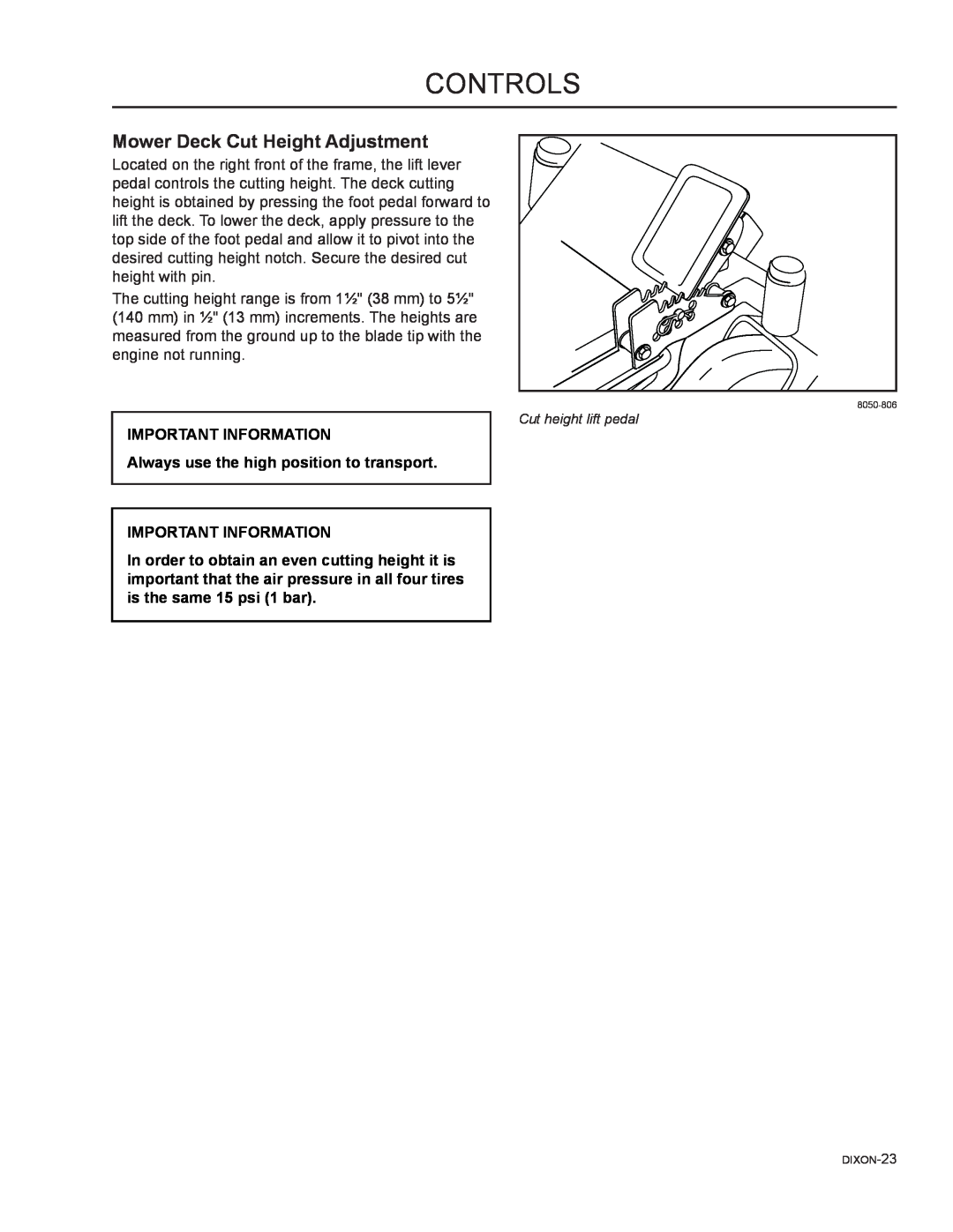 Dixon 44, 44, 44, 36, 36, 42, 42 manual Mower Deck Cut Height Adjustment, Controls, Important Information 
