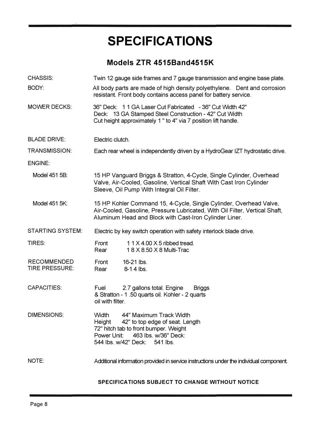 Dixon 4500 Series manual Specifications 