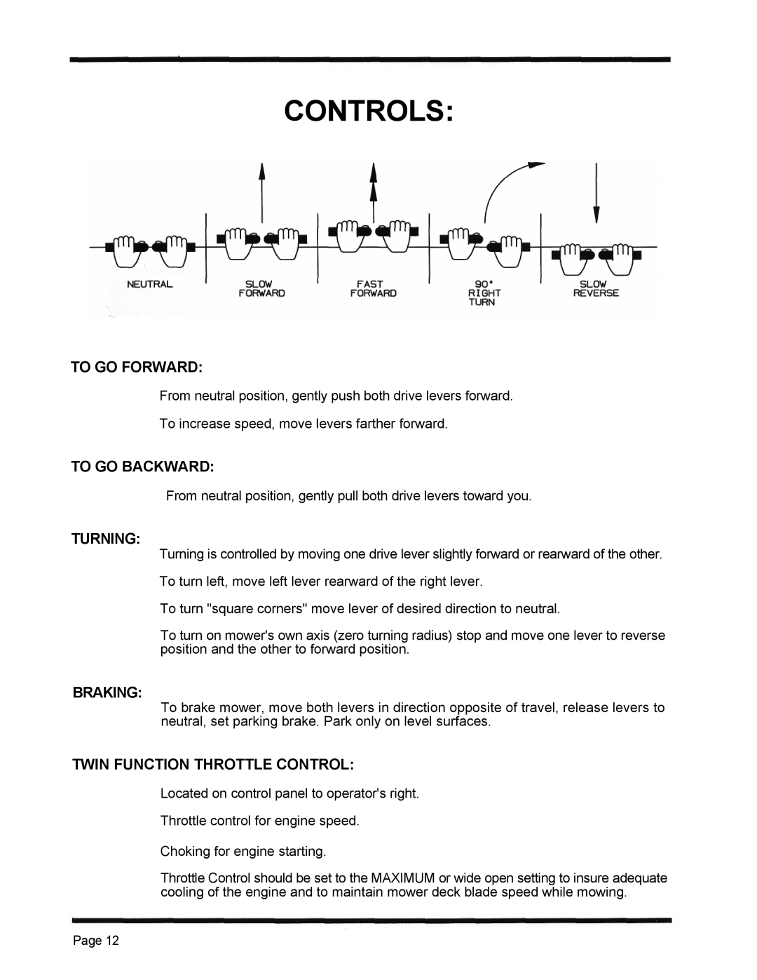 Dixon 4500 Series manual To GO Forward, To GO Backward, Turning, Braking, Twin Function Throttle Control 