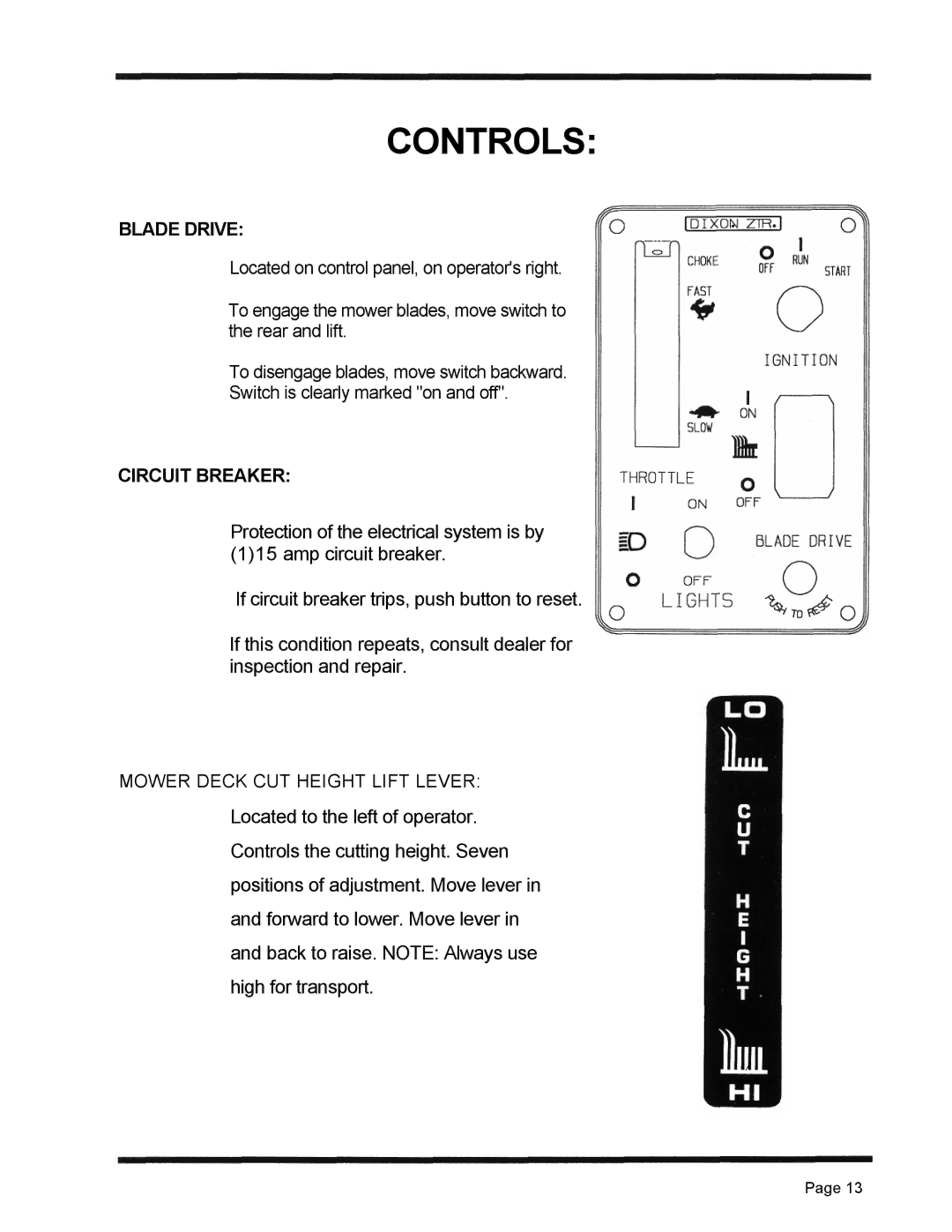 Dixon 4500 Series manual Blade Drive, Circuit Breaker 