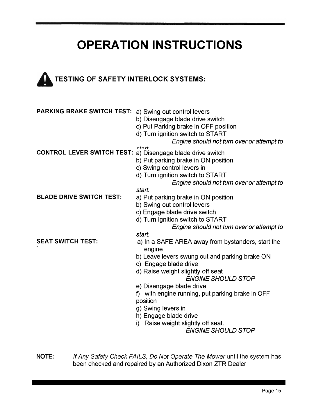 Dixon 4500 Series manual Testing of Safety Interlock Systems 