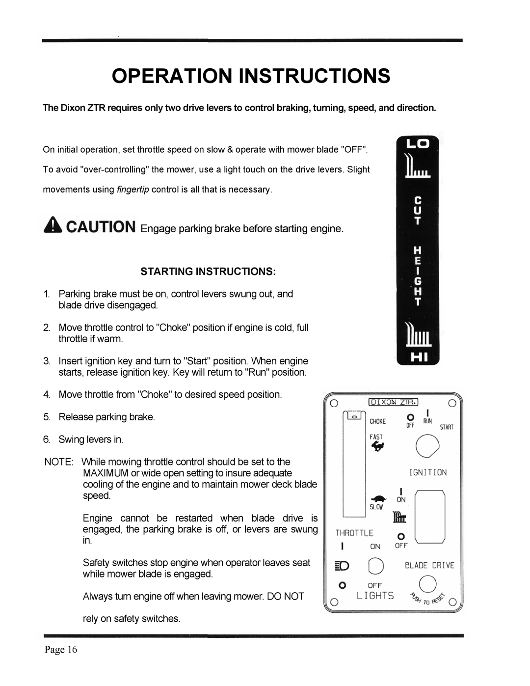 Dixon 4500 Series manual Engage parking brake before starting engine, Starting Instructions 