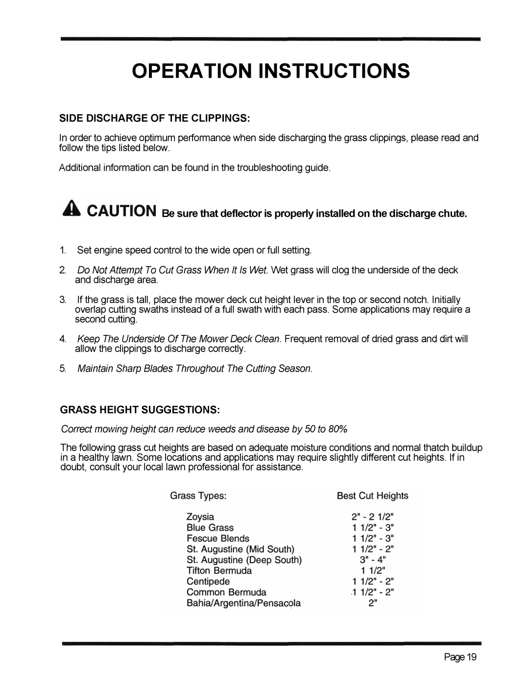 Dixon 4500 Series manual Side Discharge of the Clippings, Grass Height Suggestions 