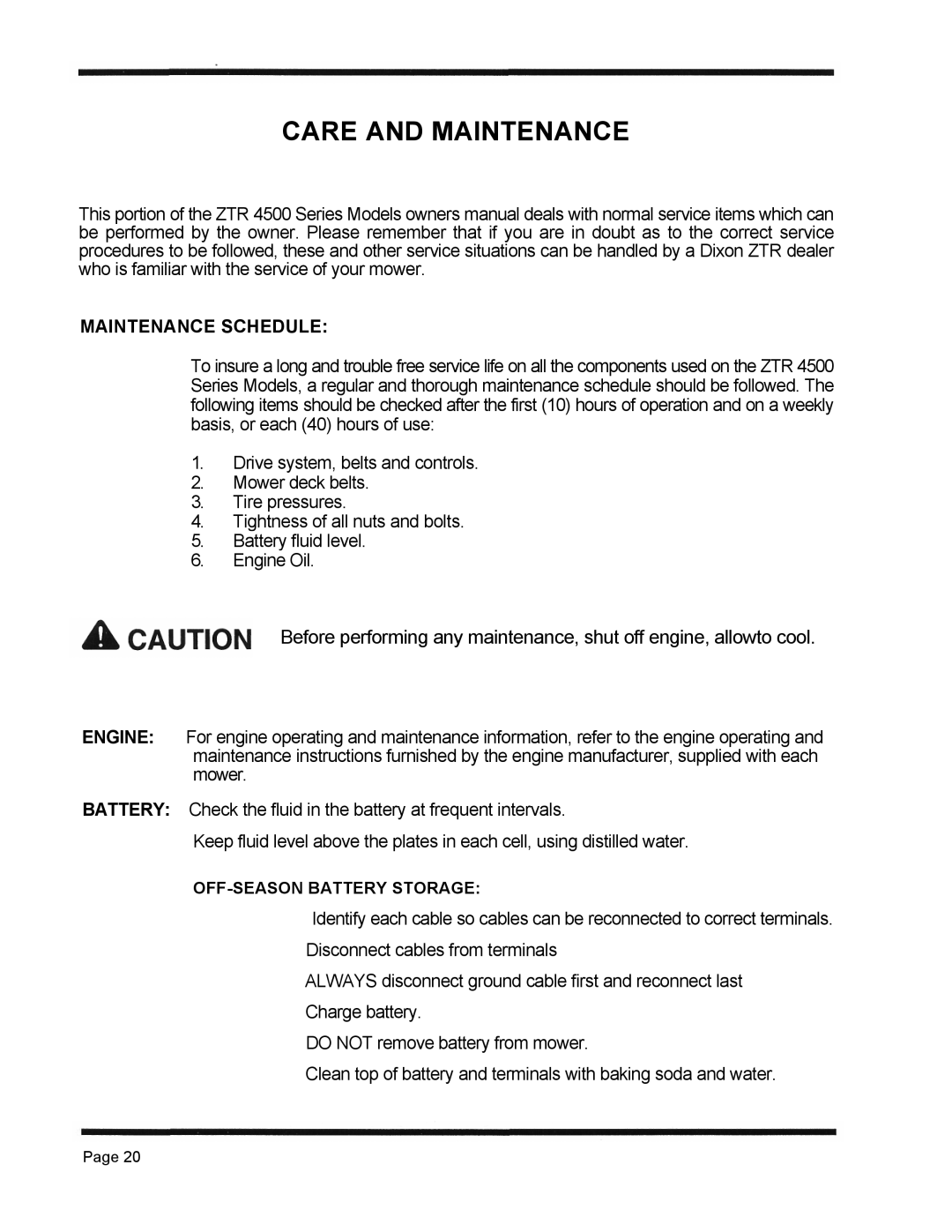 Dixon 4500 Series manual Care and Maintenance, Maintenance Schedule 