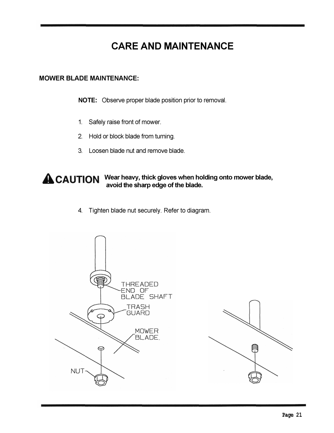 Dixon 4500 Series manual Care and Maintenance, Mower Blade Maintenance 