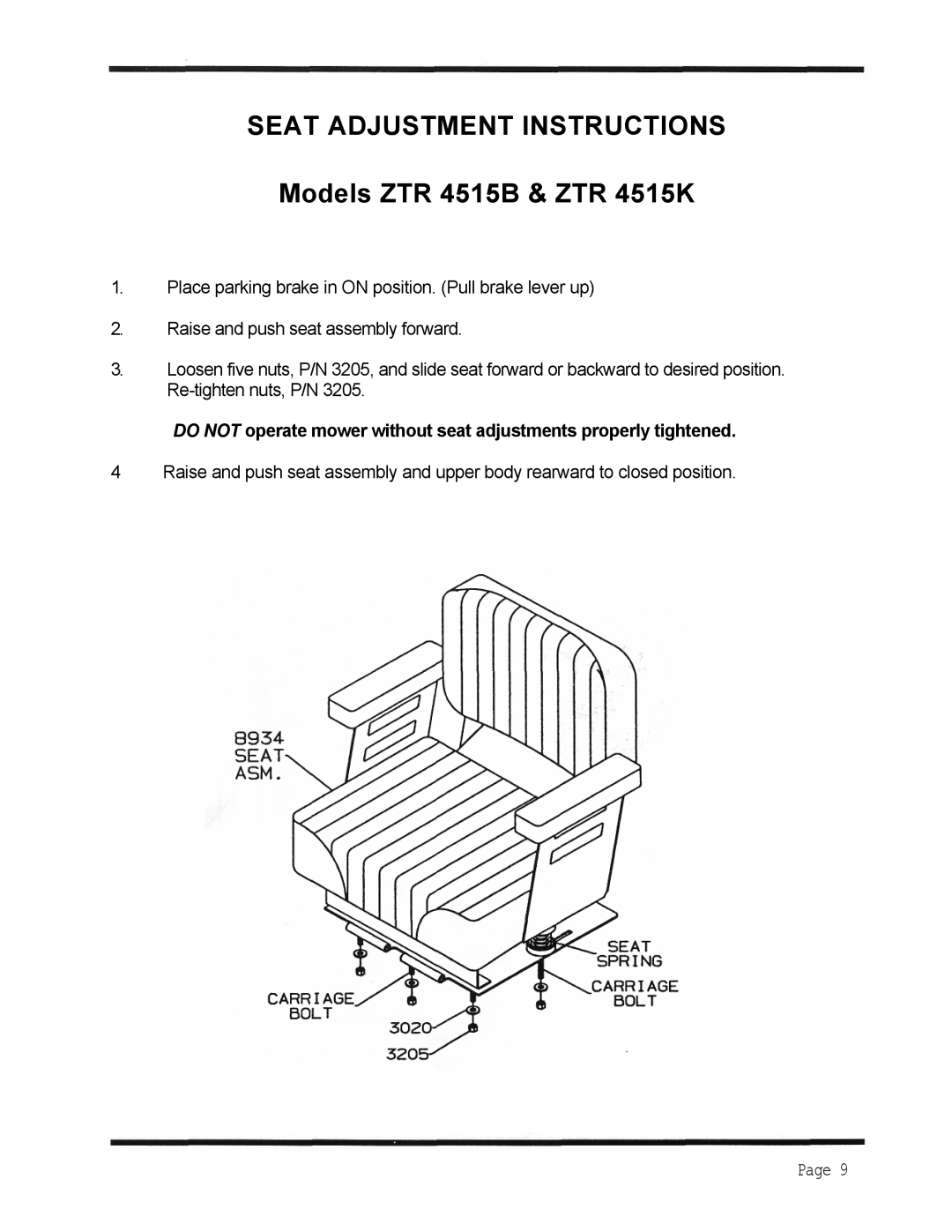 Dixon 4500 Series manual SEAT ADJUSTMENT INSTRUCTIONS Models ZTR 4515B & ZTR 4515K, Page 