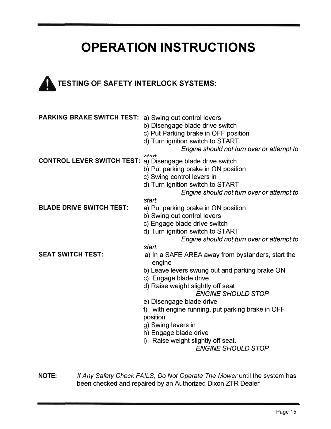 Dixon 4500 Series manual Operation Instructions, Testing Of Safety Interlock Systems, Engine Should Stop 