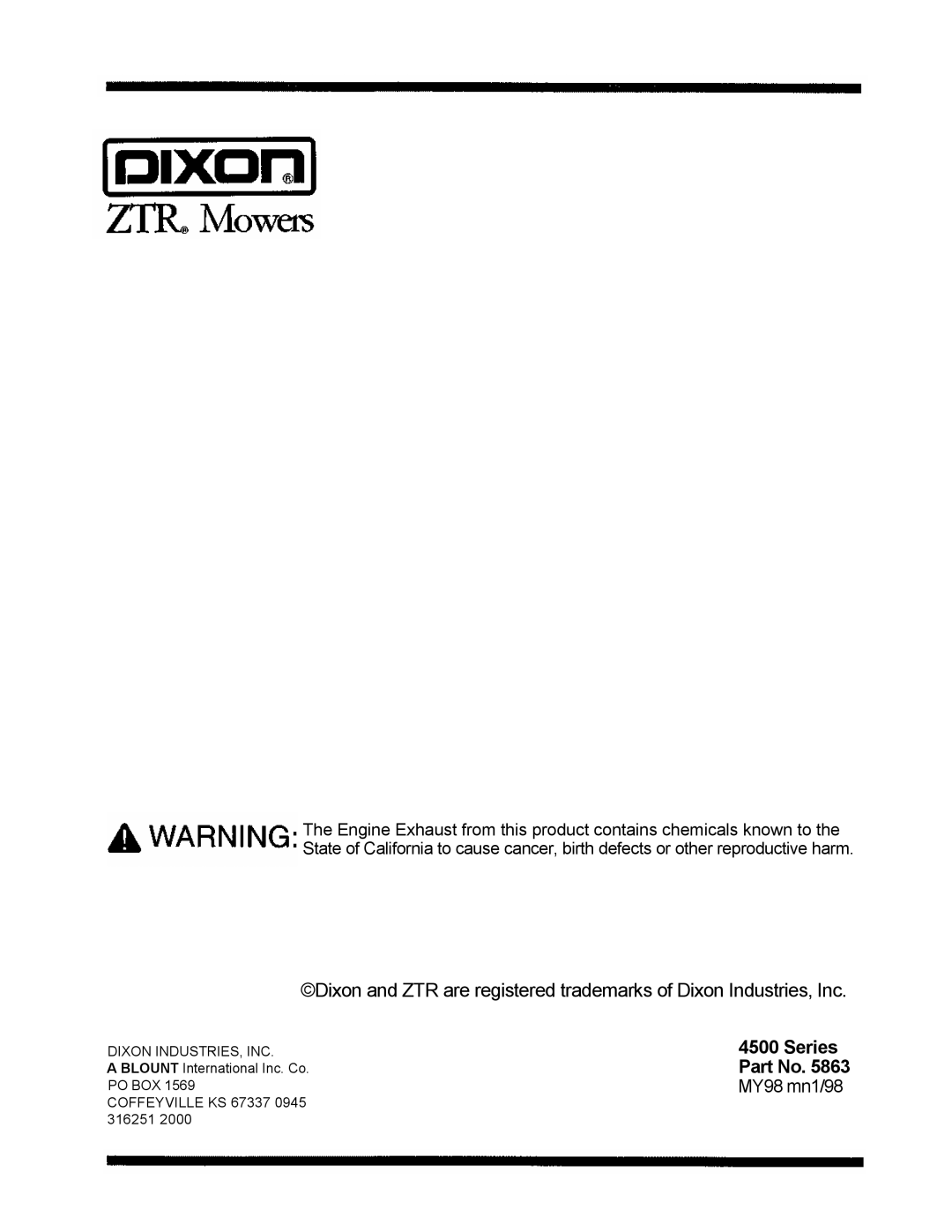 Dixon 4500 Series manual Dixon and ZTR are registered trademarks of Dixon Industries, Inc, Series Part No 
