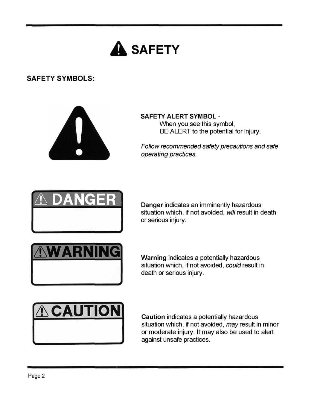 Dixon 4500 Series manual Safety Symbols, Follow recommended safety precautions and safe operating practices 